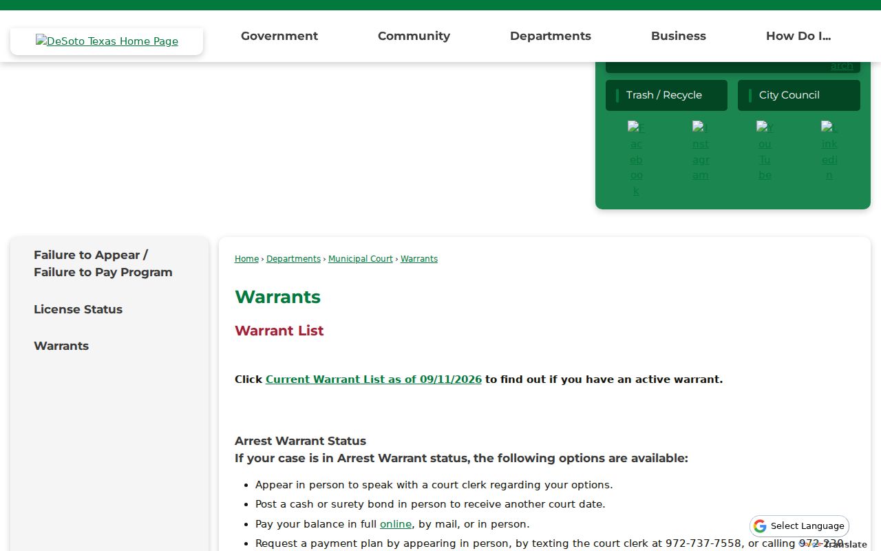 Example municipal warrant status page from outside Crosby County