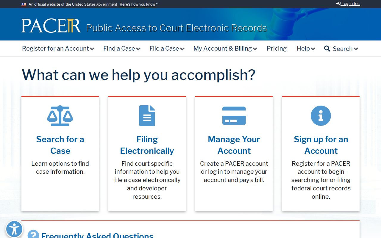 PACER federal case search interface and fee notice