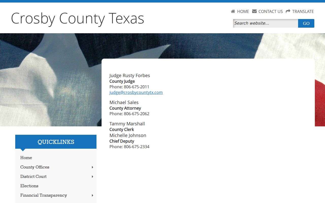 Crosby County contact page with public office routes